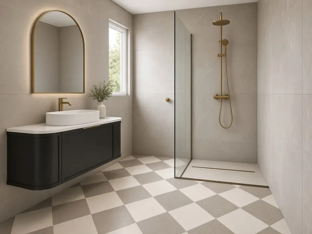 Bathroom design mockup: floor-to-ceiling tiles, checkerboard floor, black curved vanity, brass tapware and arch mirror