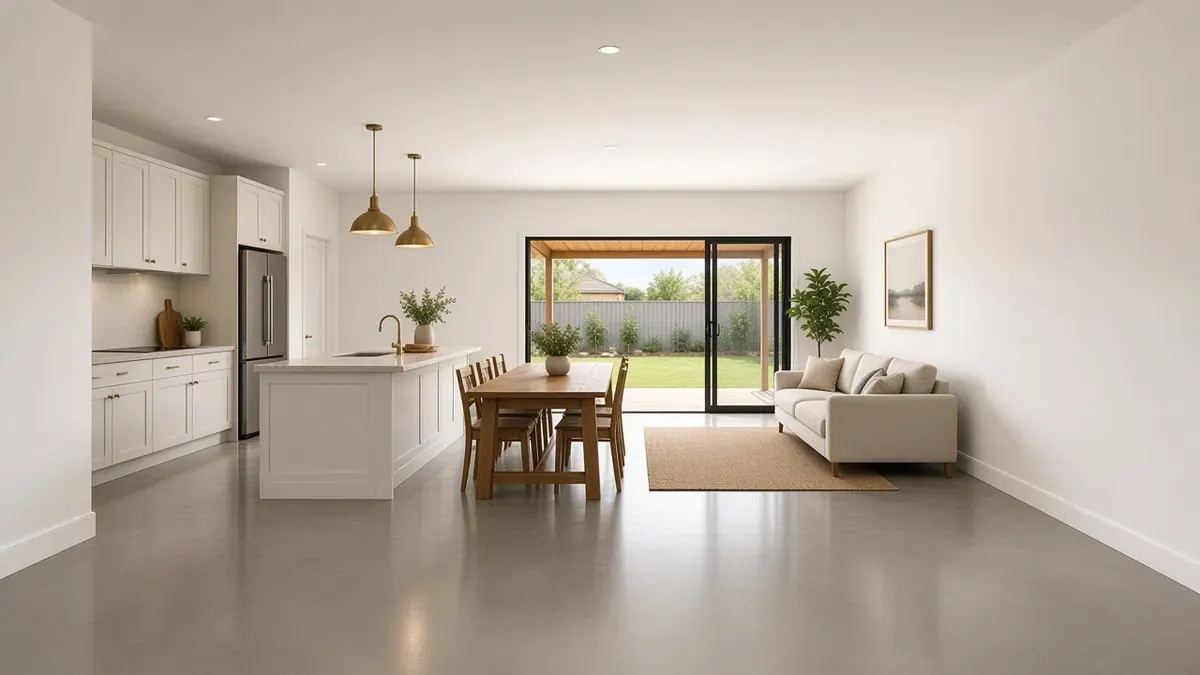 Living area design mockup: open kitchen, dining and living with polished concrete floor