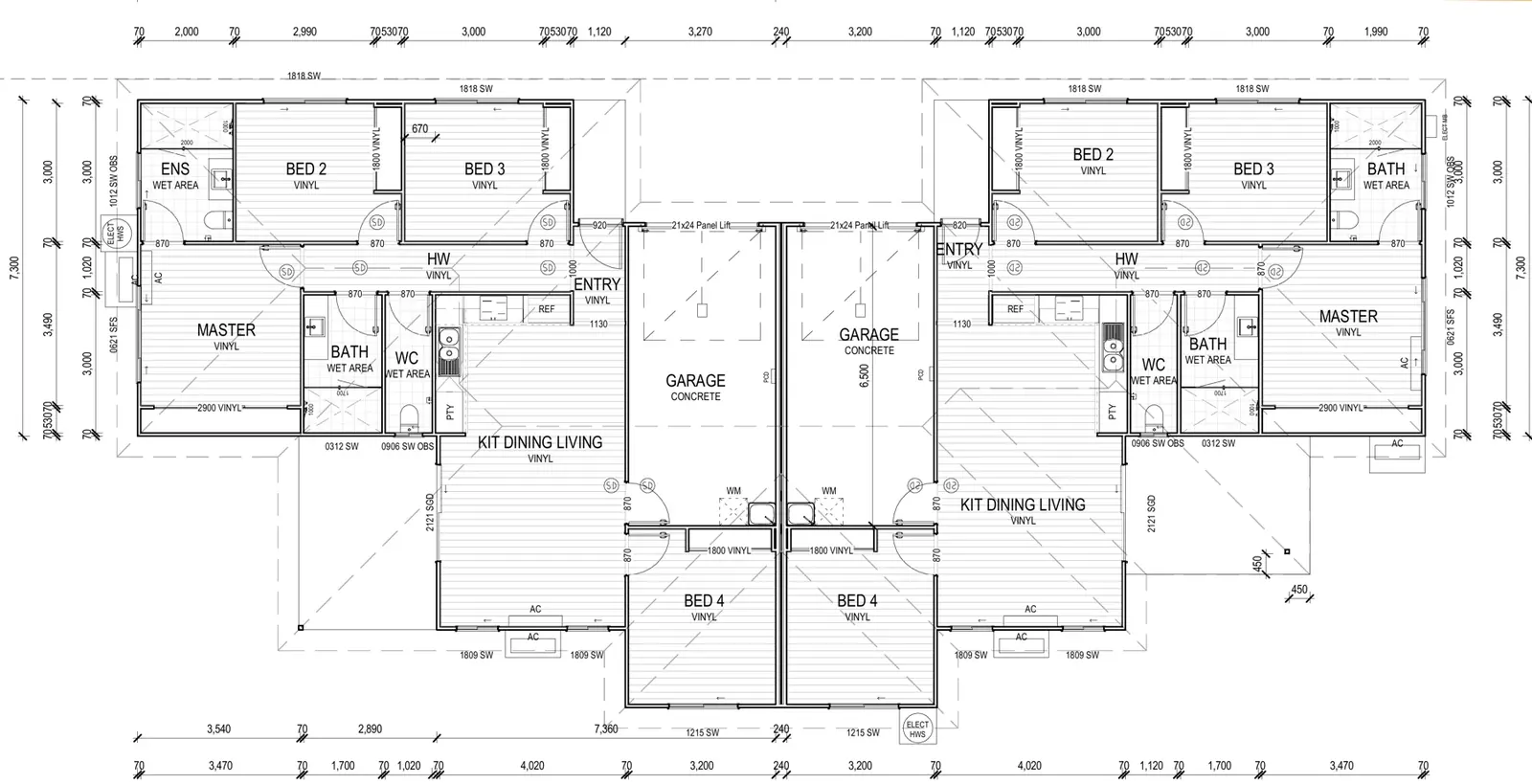 Floor plan: two single-storey dwellings side by side, each with four bedrooms, two bathrooms and a garage